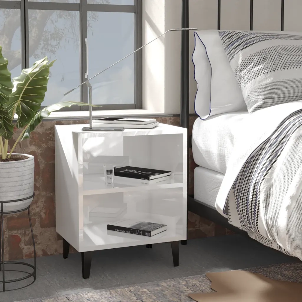 Set di 2 Comodini | Armadio da Notte | Mobiletto da notte con Gambe in Metallo Bianco Lucido 40x30x50 cm