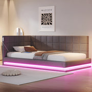 Letto imbottito 90x200 cm con LED; USB e rete a doghe in lino grigio