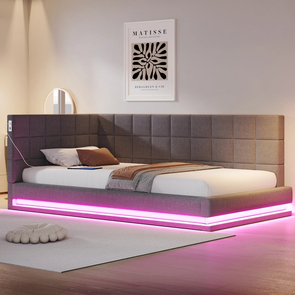Letto imbottito 90x200 cm con LED; USB e rete a doghe in lino grigio