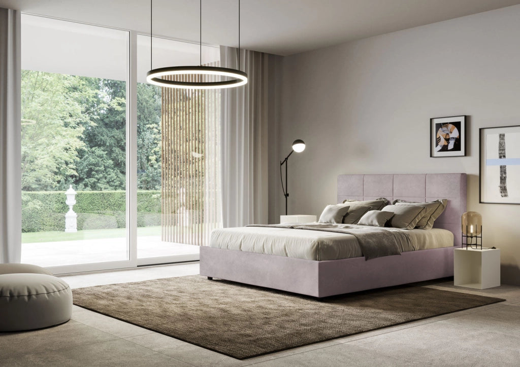 Letto queen size contenitore imbottito 150x190 microfibra blu Mika
