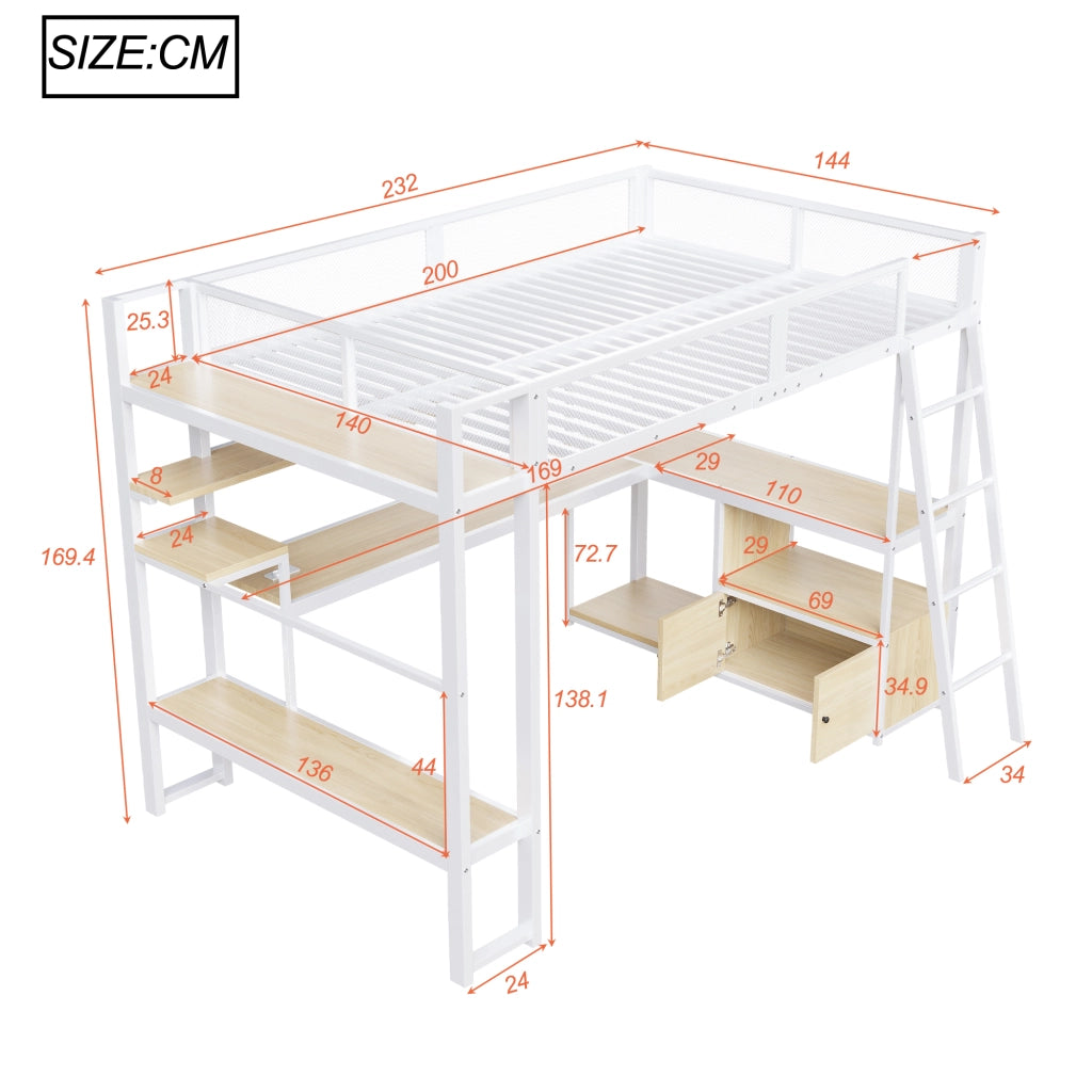 LETTO a soppalco gaming 140x200 cm in MDF e metallo bianco con LED
