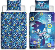 Set di copriletto personalizzati Sonic per letto singolo | Copriletto a due facce blu reversibile Incluso cuscino con fodera | Ideale per la camera da letto dei bambini
