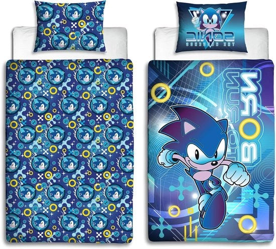 Set di copriletto personalizzati Sonic per letto singolo | Copriletto a due facce blu reversibile Incluso cuscino con fodera | Ideale per la camera da letto dei bambini