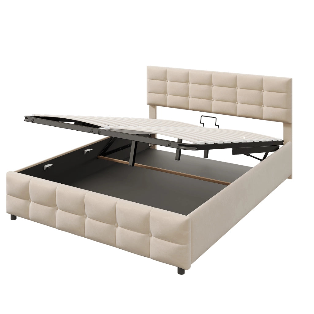 Letto imbottito 180 × 200 cm 2 posti con contenitore idraulico, senza materasso, in velluto beige