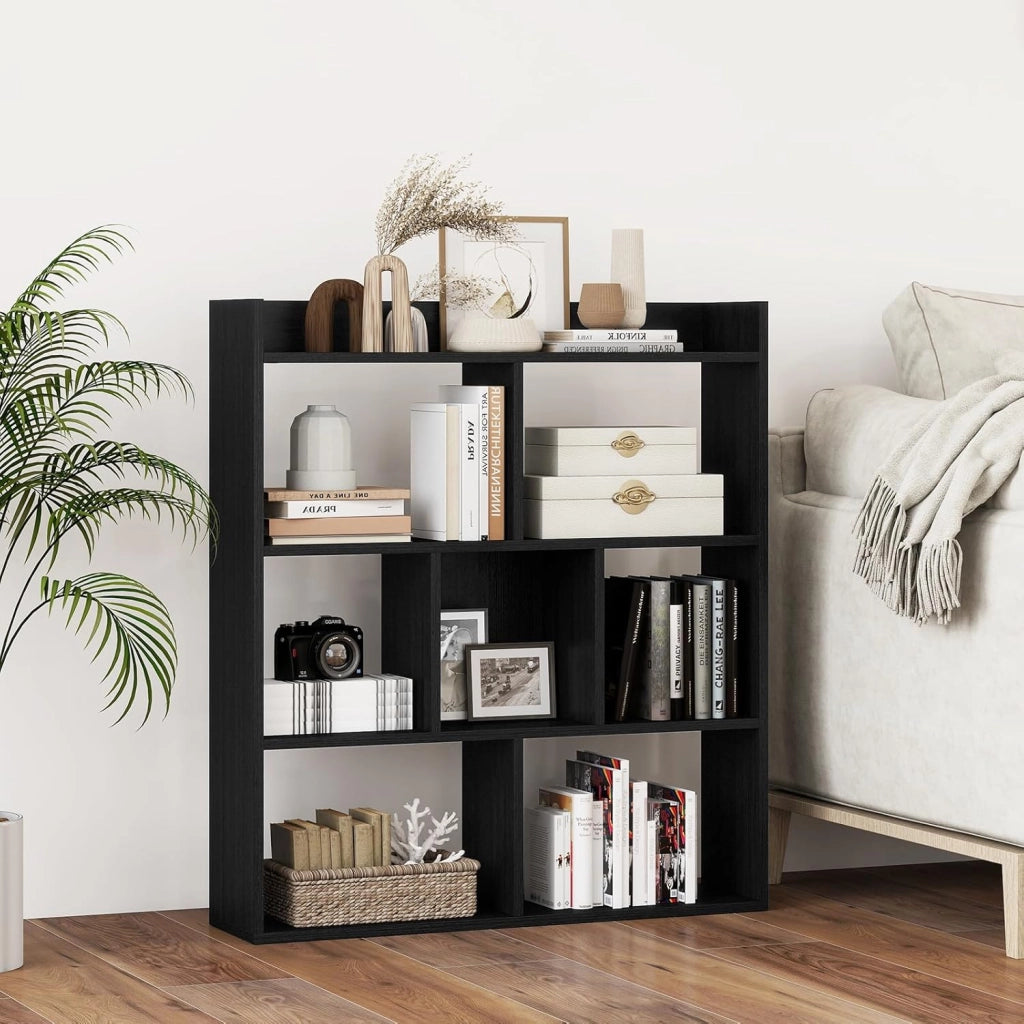 Libreria a Cubi con 7 Scomparti, Mensola Espositiva per l'Archiviazione, Libreria in Legno con Dispositivi Anti-Ribaltamento, per Studio Soggiorno, 80x20x90 cm (Nero)