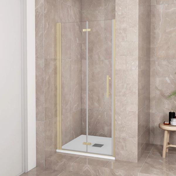 Porta Doccia 76x185 cm Porta Battente Pieghevole in Vetro Temperato Trasparente 6 mm Anticalcare Telaio Dorato Spazzolato