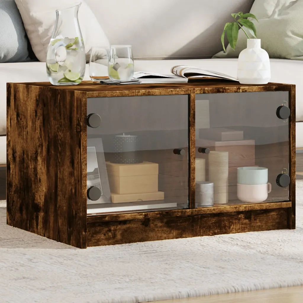 Tavolino da salotto | Tavolino da caff¨¨ | Tavolino da Soggiorno con Ante in Vetro Rovere Fumo 68x50x42 cm