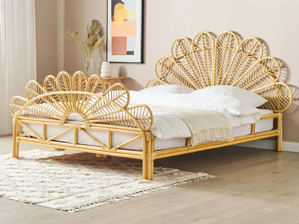 Letto matrimoniale in rattan con rete in legno chiaro e pannello intrecciato 180 x 200 cm camera da letto stile boho