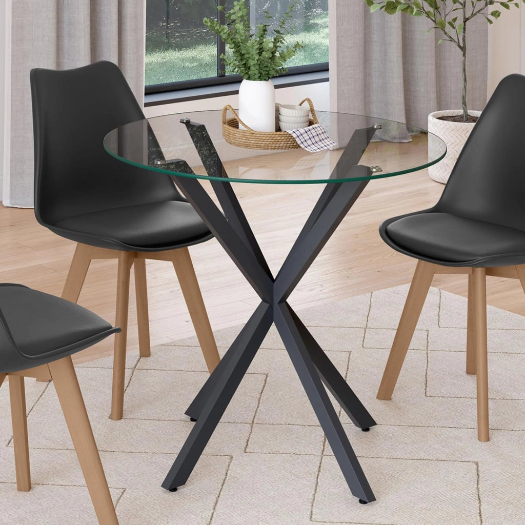Tavolo da pranzo rotondo per 4 persone ALIX con gamba a ragno nera e piano in vetro da 80 cm
