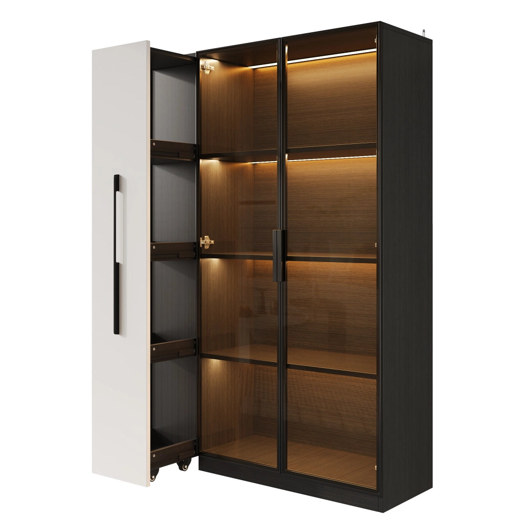 Vetrina in vetro LED 110,5x35x160 cm, design nero e bianco, con estraibile laterale e vani contenitivi