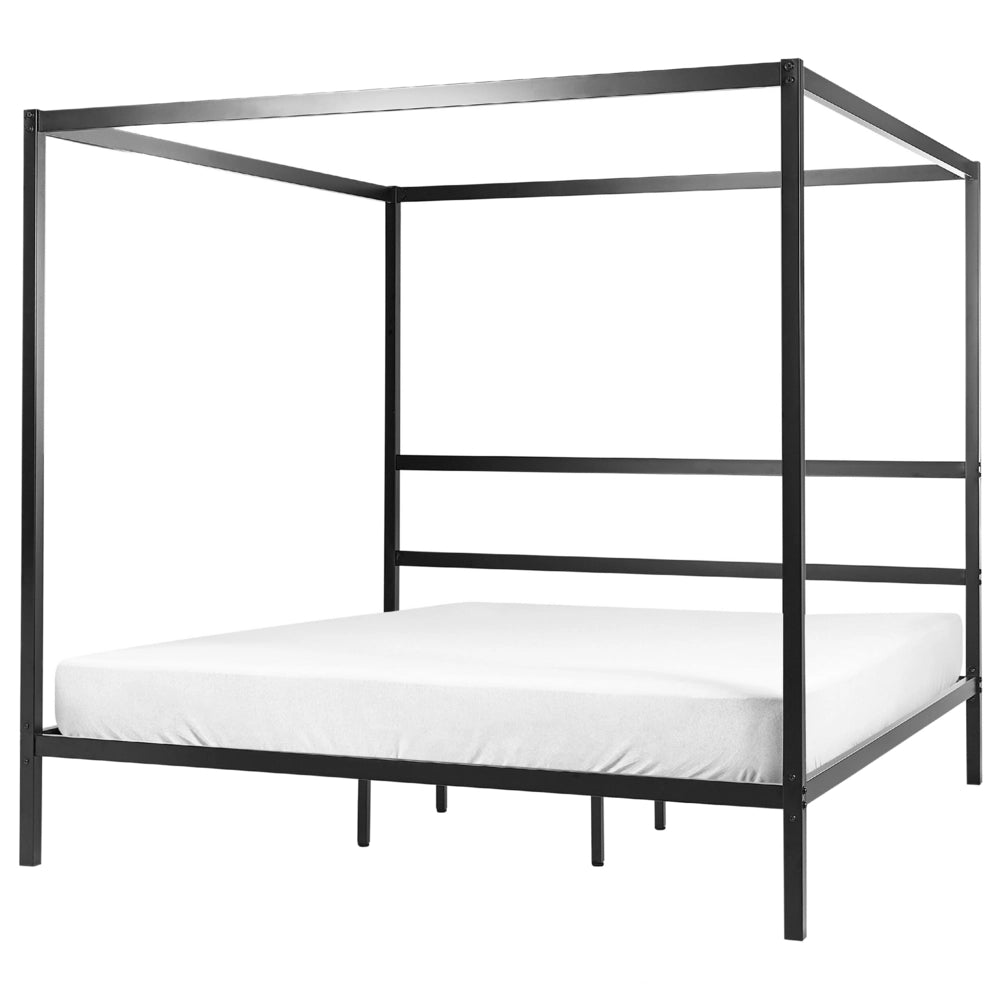 Letto matrimoniale a baldacchino con doghe e struttura in metallo nero 180 x 200 cm stile industriale moderno