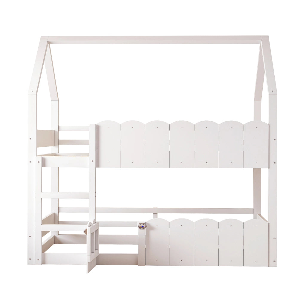 Letto a castello per bambini 90x200 cm con design a casetta, sponde di sicurezza e scaletta frontale, colore bianco