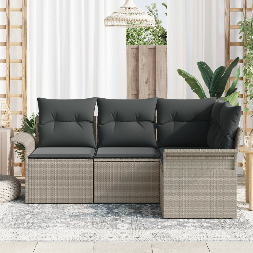 Set di Divani da Giardino in 4 Pezzi con Cuscini Grigio Chiaro Polirattan
