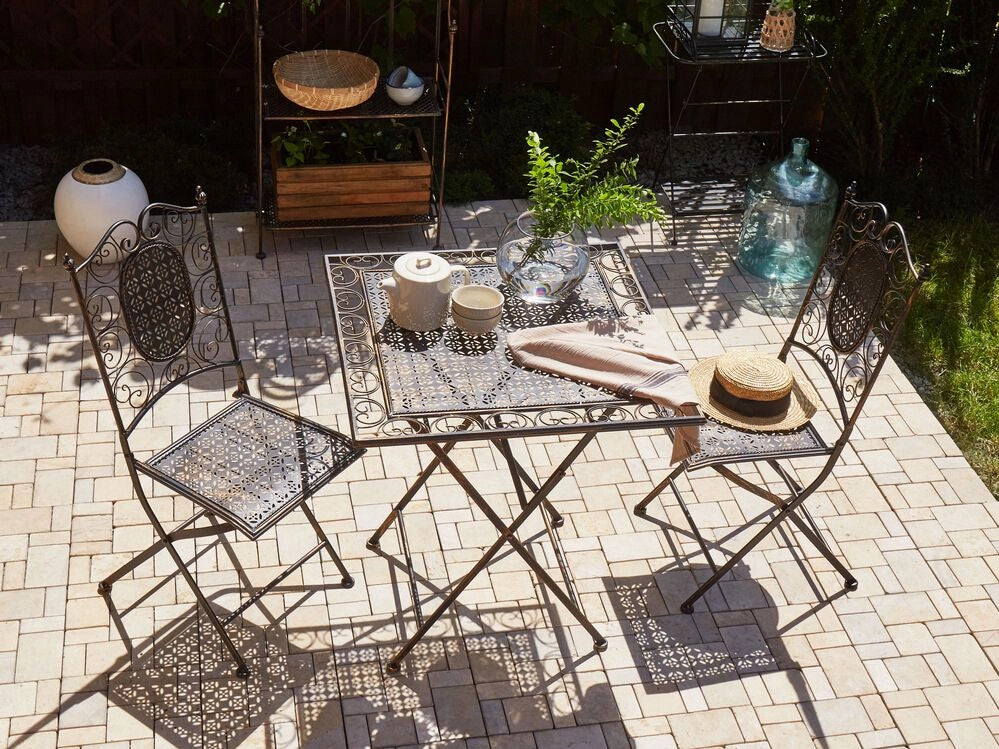 Set da Giardino Bistro Pieghevole 70 x 70 cm in Metallo color Nero stile retrò 2 sedie un tavolo