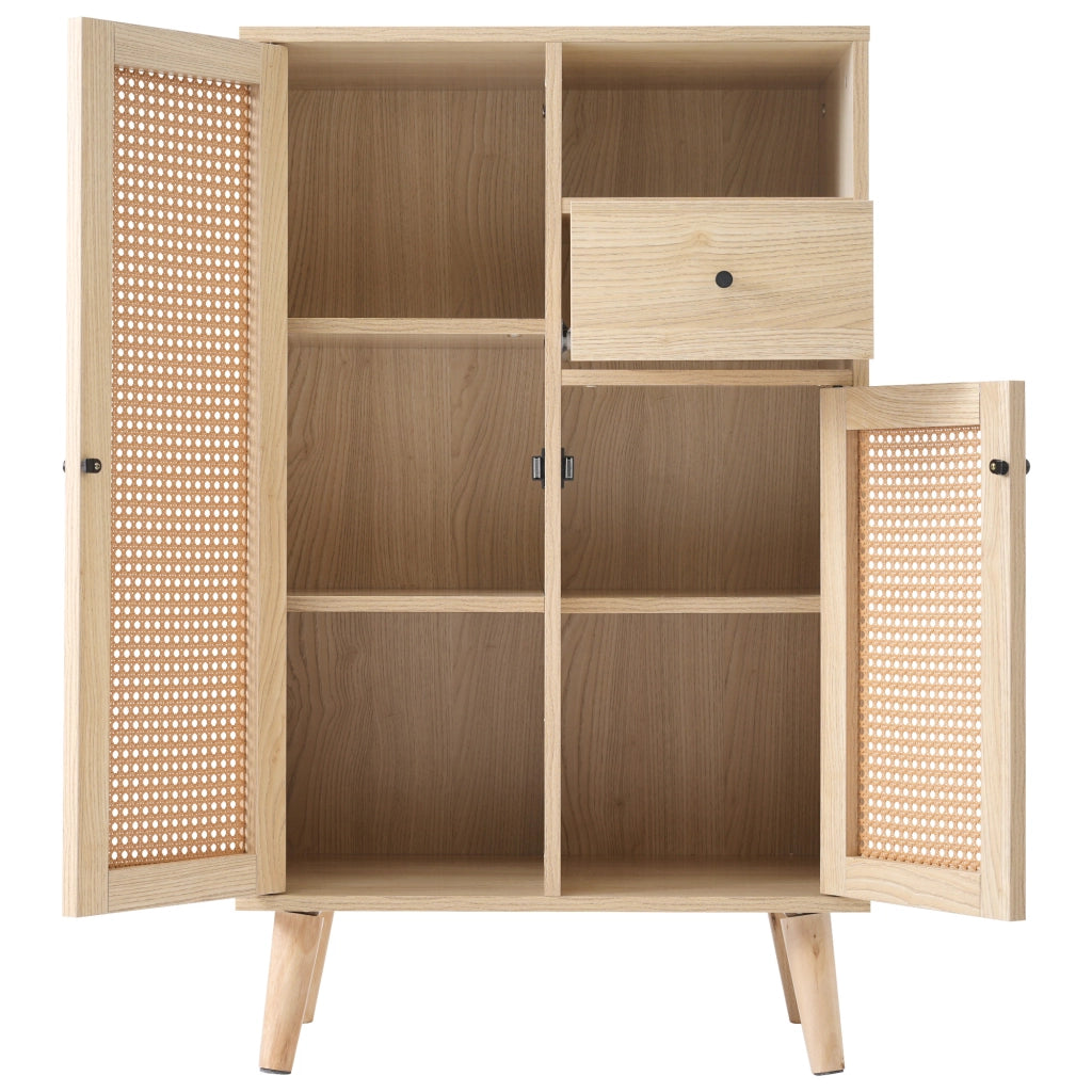 Credenza in effetto legno rovere con 2 ante in rattan e 1 cassetto, 60 x 40 x 101 cm