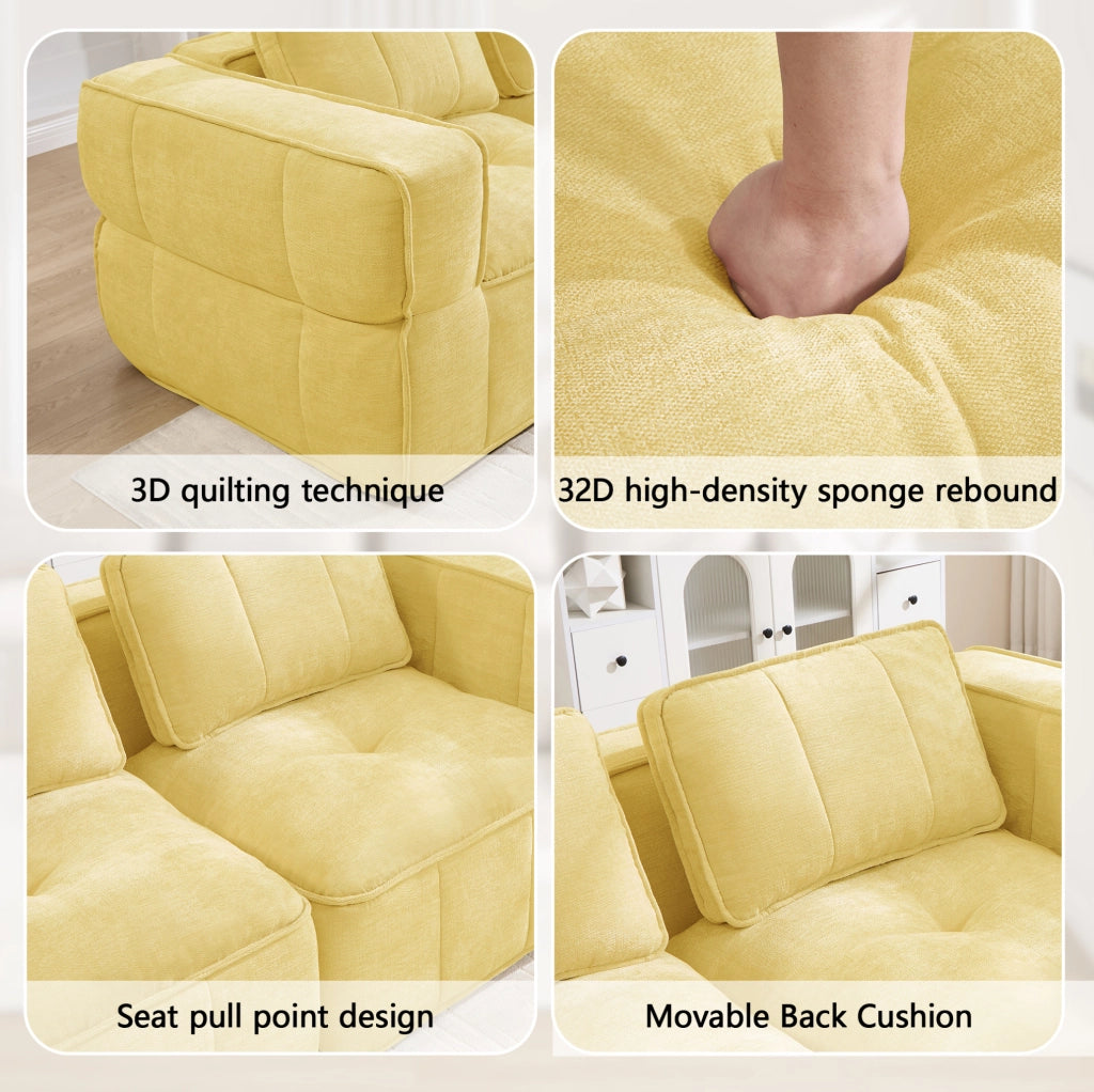 Divano modulare a U 271x162x67 cm con 2 pouf; seduta profonda in poliestere giallo