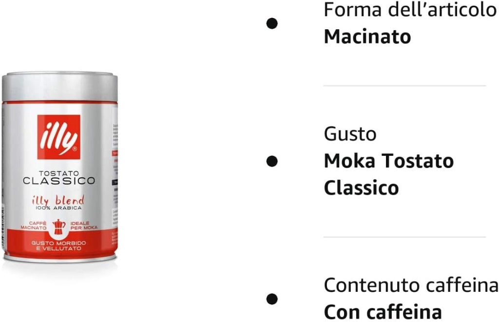 Illy caffè macinato per moka tostato classico, 1 barattolo da 250 grammi