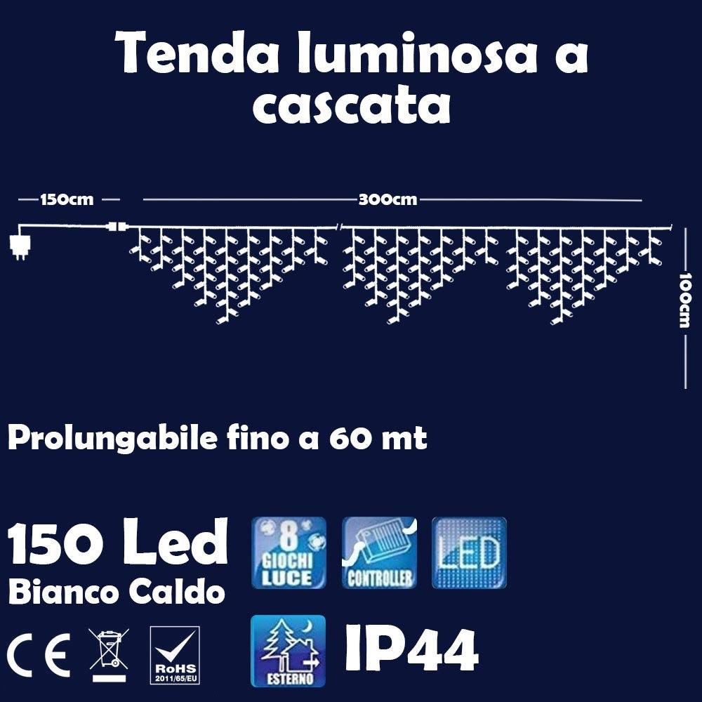 Trade Shop - Tenda Luminosa Natalizia 150 Led Con Flash Bianco Caldo 3mt Esterno Prolungabile -