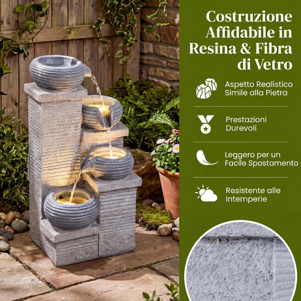 Fontana da Giardino a 4 Livelli, Fontana Cascata da Esterno in Resina con 3 Luci LED, Pompa Silenziosa e Velocità Regolabile, Fontanella Decorativa per Terrazze e Cortile, 28 x 22 x 58 cm
