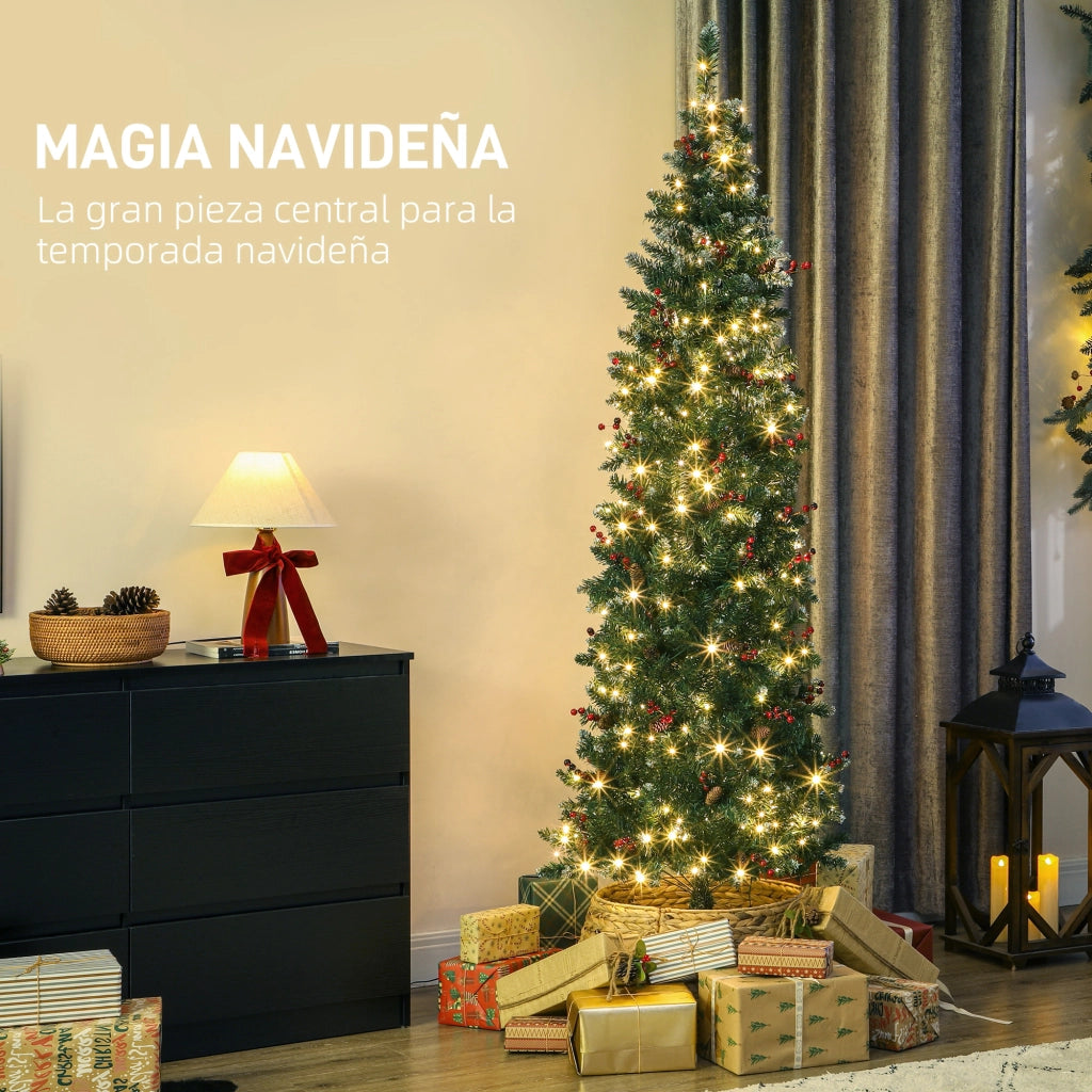 Albero di Natale 210 cm con Luci LED 8 Modi ¨C zephmum ¨C Verde con Ramaglie Argentate e Pigne
