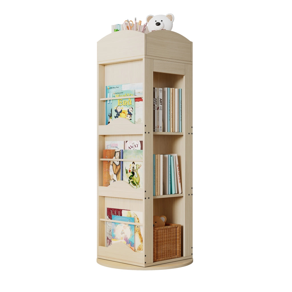 Libreria girevole 360° in MDF naturale, scaffale salvaspazio multifunzione per libri e giochi