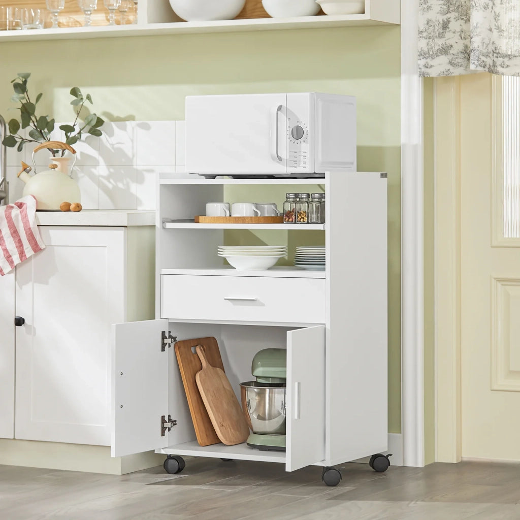 Scaffale per Forno a microonde, Carrello da cucina,credenza con route, Bianco FSB09-W