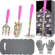 Set di strumenti per giardino con fiori, 6 pezzi, insieme di giardinaggio con bella stampa, attrezzi per il giardino per donne con zappa per trasplantare, forchetta, mannaia, coltivatore, guanti da giardiniere e cuscino per le ginocchia