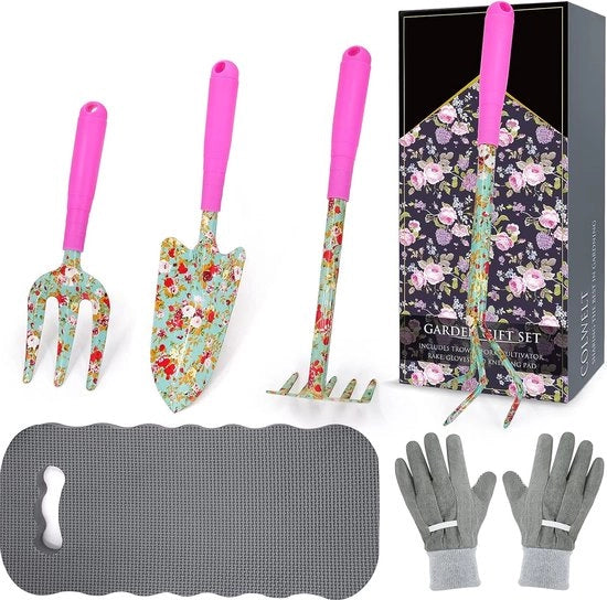 Set di strumenti per giardino con fiori, 6 pezzi, insieme di giardinaggio con bella stampa, attrezzi per il giardino per donne con zappa per trasplantare, forchetta, mannaia, coltivatore, guanti da giardiniere e cuscino per le ginocchia