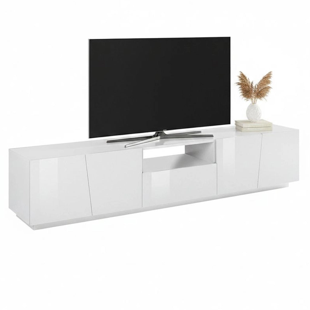 Mobile da soggiorno Porta Azzurras, Made in Italy, Credenza per Azzurras da salotto a 4 ante e 1 cassetto, cm 220x43h46, Bianco lucido