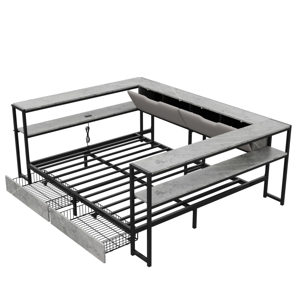 Letto singolo imbottito con contenitori; USB e Type-C; 140x200 cm; grigio in MDF e metallo