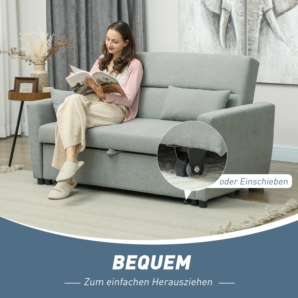 Divano letto 2 posti con schienale regolabile e cuscini vano contenitore in tessuto grigio chiaro 155 × 90 × 88,5 cm