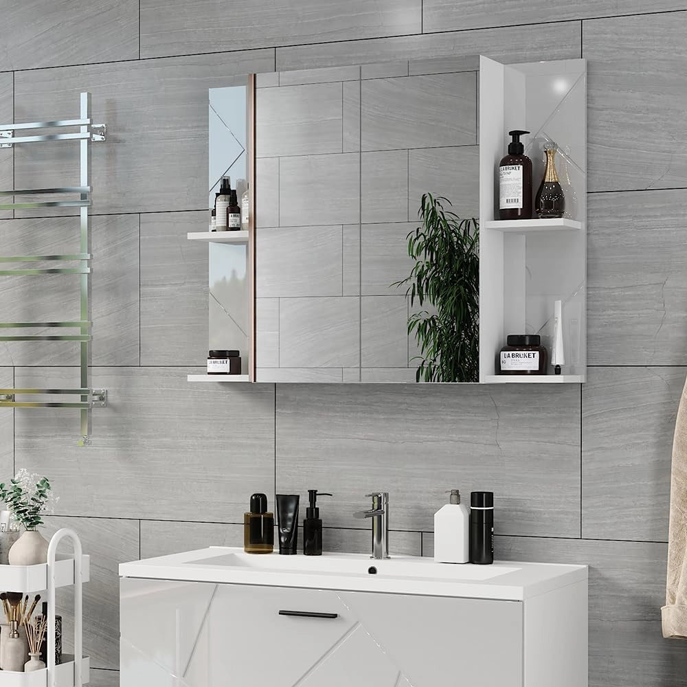 Mobile a specchio per il bagno Irma, Bianco/bianco lucido, 100 x 75 cm con 2 porte, con specchio e ripiani regolabili