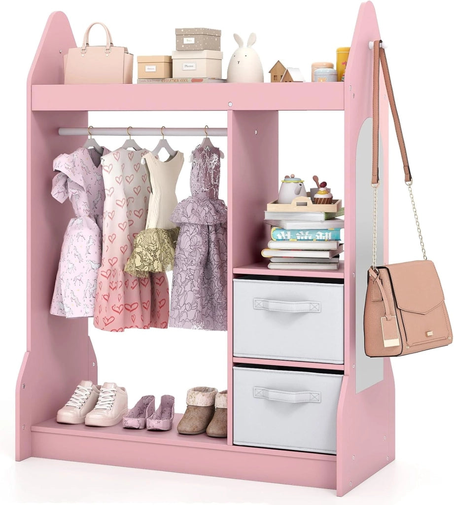 Guardaroba per Bambini, Armadio Gioco con Specchio Appendiabiti, Cassette in Tessuto Pieghevoli, Organizer per Stanza e Camera da Letto, 81 x 38 x 107 cm (Bianco)