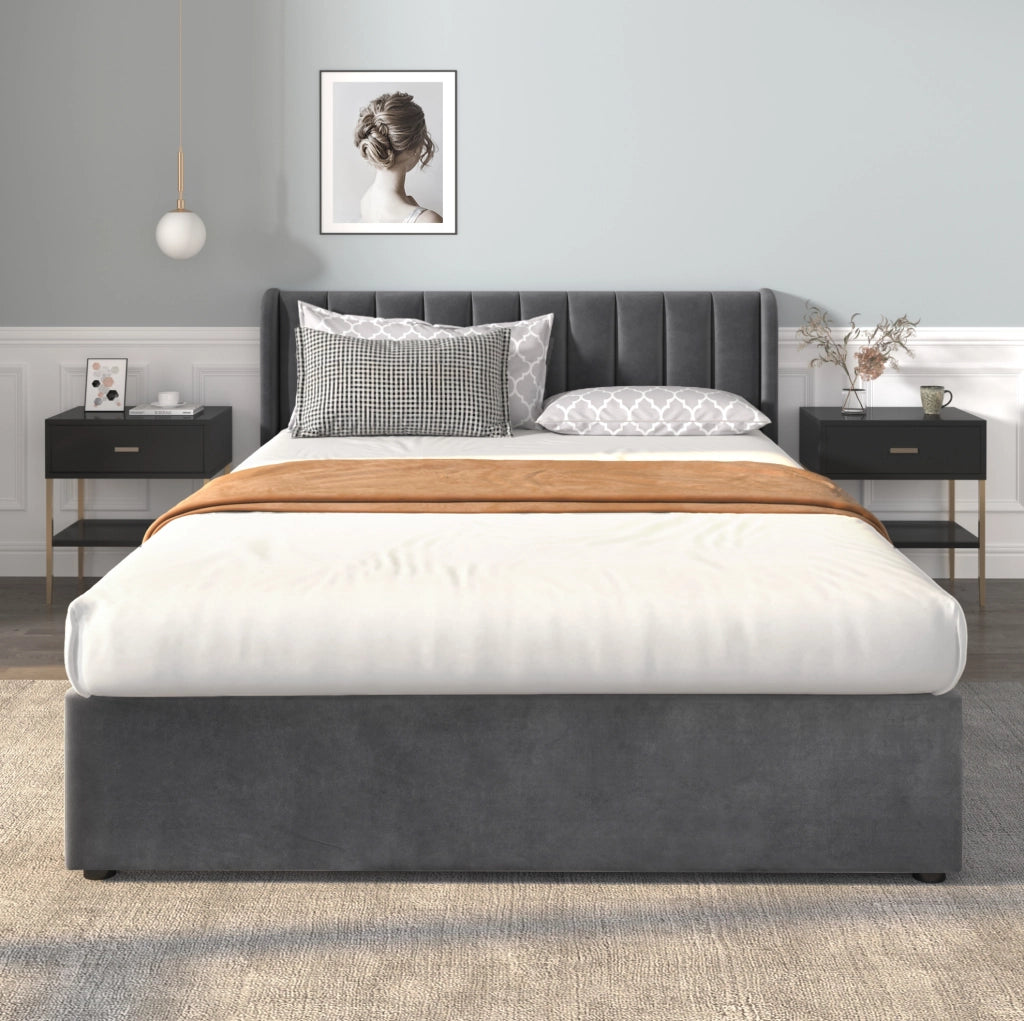 Letto imbottito in velluto 140 x 200 cm con rete a doghe e 2 cassetti