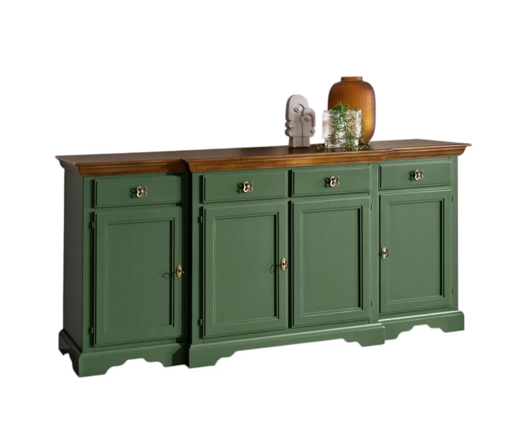 Madia credenza 4 porte 4 cassetti legno shabby verde e noce 200x45x93 - Mobili 2G