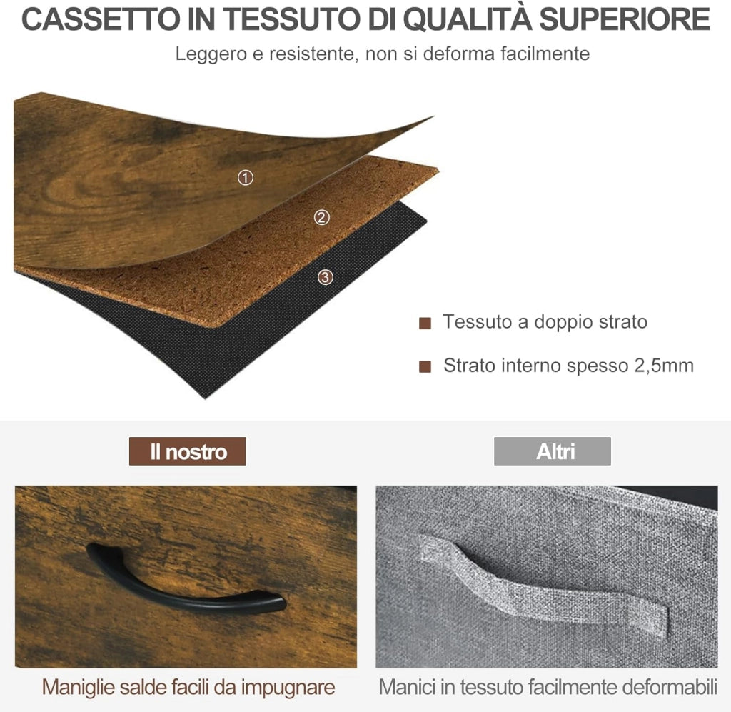 Cassettiera Camera da Letto, Cassettiera con 5 Cassetti a 2 Livelli in Tessuto, Mobile con Cassetti Industriale, Struttura in Metallo e Legno, Marrone Rustico, 100x30x54cm, SSK005hov