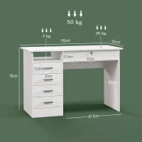 Scrivania Moderna con 5 Cassetti e Scomparto Aperto con Serratura e 2 Chiavi, 110x50x76cm, Bianco