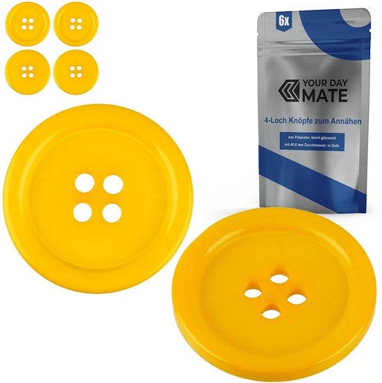 Punti per abbigliamento, 6 pezzi, 4 fori, Ø 40,6 mm, in giallo, fatti di poliestere, misura 64L, punti di fissaggio per giacche, cappotti, camicie, polo, DIY-punto di fissaggio in resina artificiale, punti di lavaggio, punto base, punti per lavori manuali