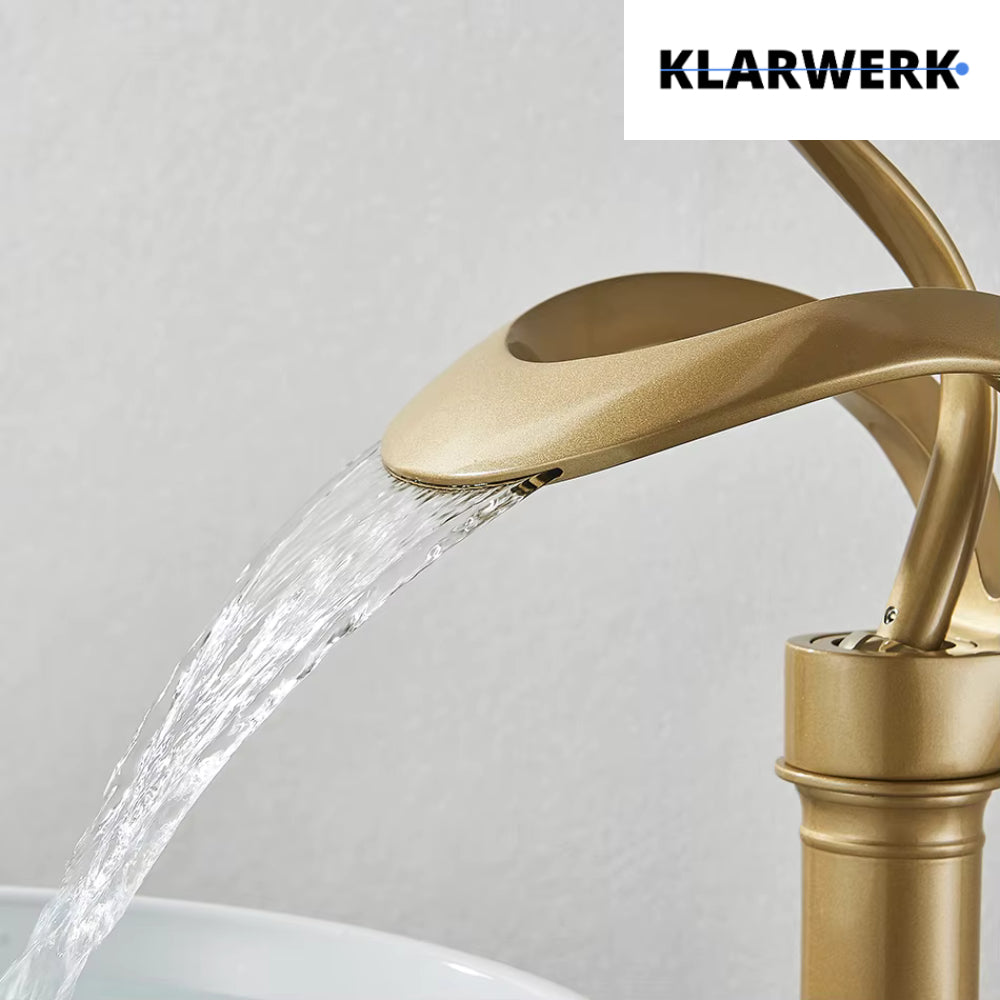 NAVIS | Rubinetto a cascata design bagno alto oro opaco | Elegante rubinetto in acciaio inossidabile premium per lavelli alti | Miscelatore 2 attacchi