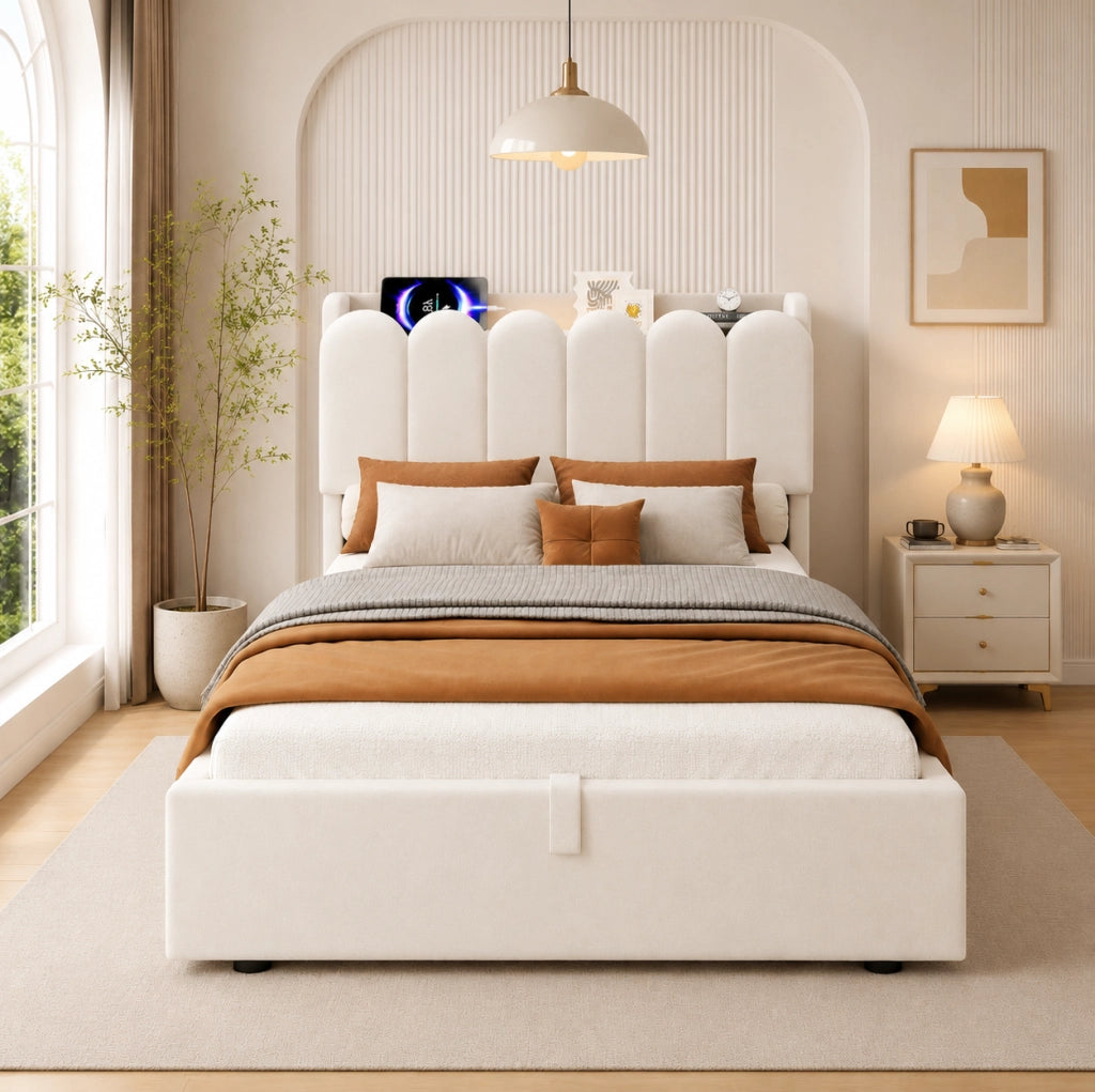Letto imbottito 90x200 cm con contenitore; prese USB e Type-C; luce notturna in velluto beige