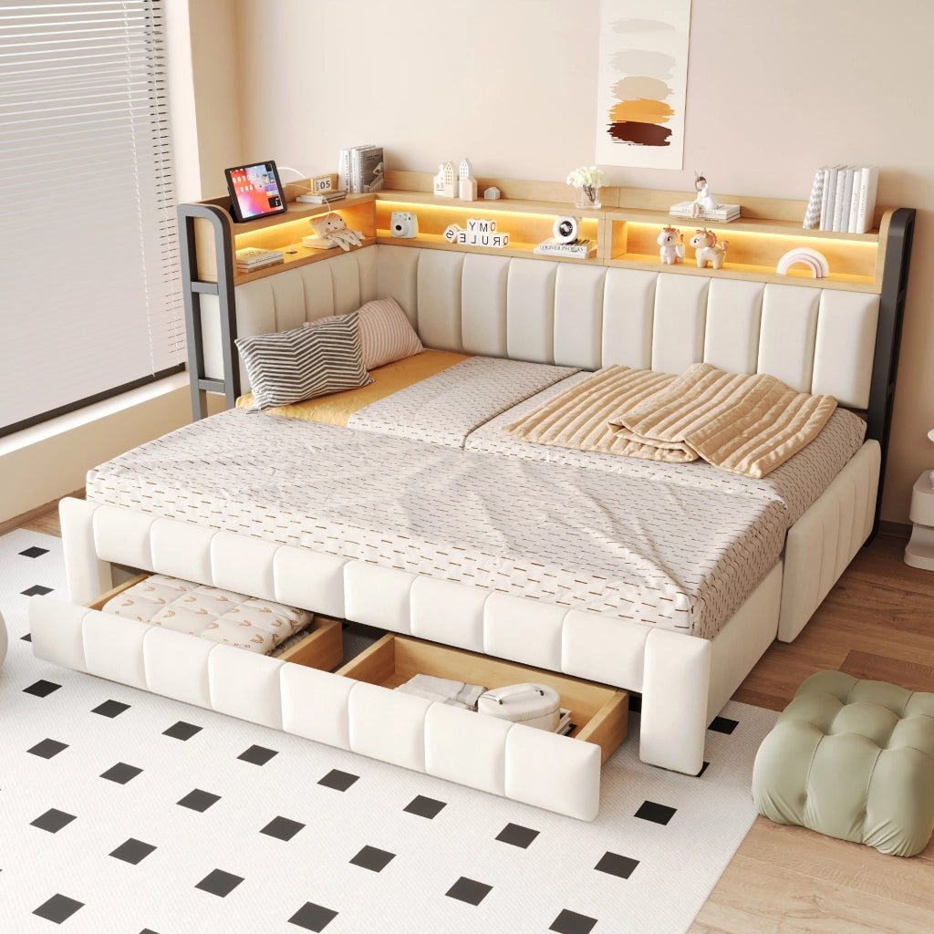 DIVANO LETTO Estraibile 90x200/180x200 cm Velluto Beige con LED