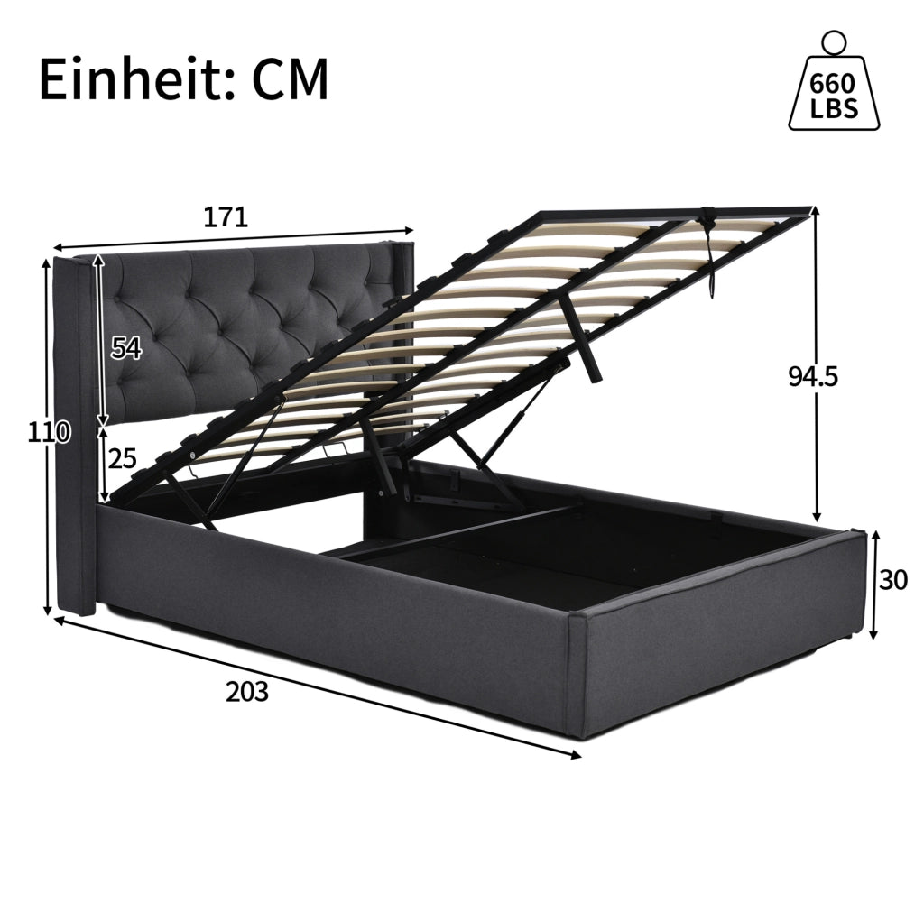 Letto matrimoniale imbottito ULEVR 160x200 cm con contenitore e rete a doghe, cotone grigio