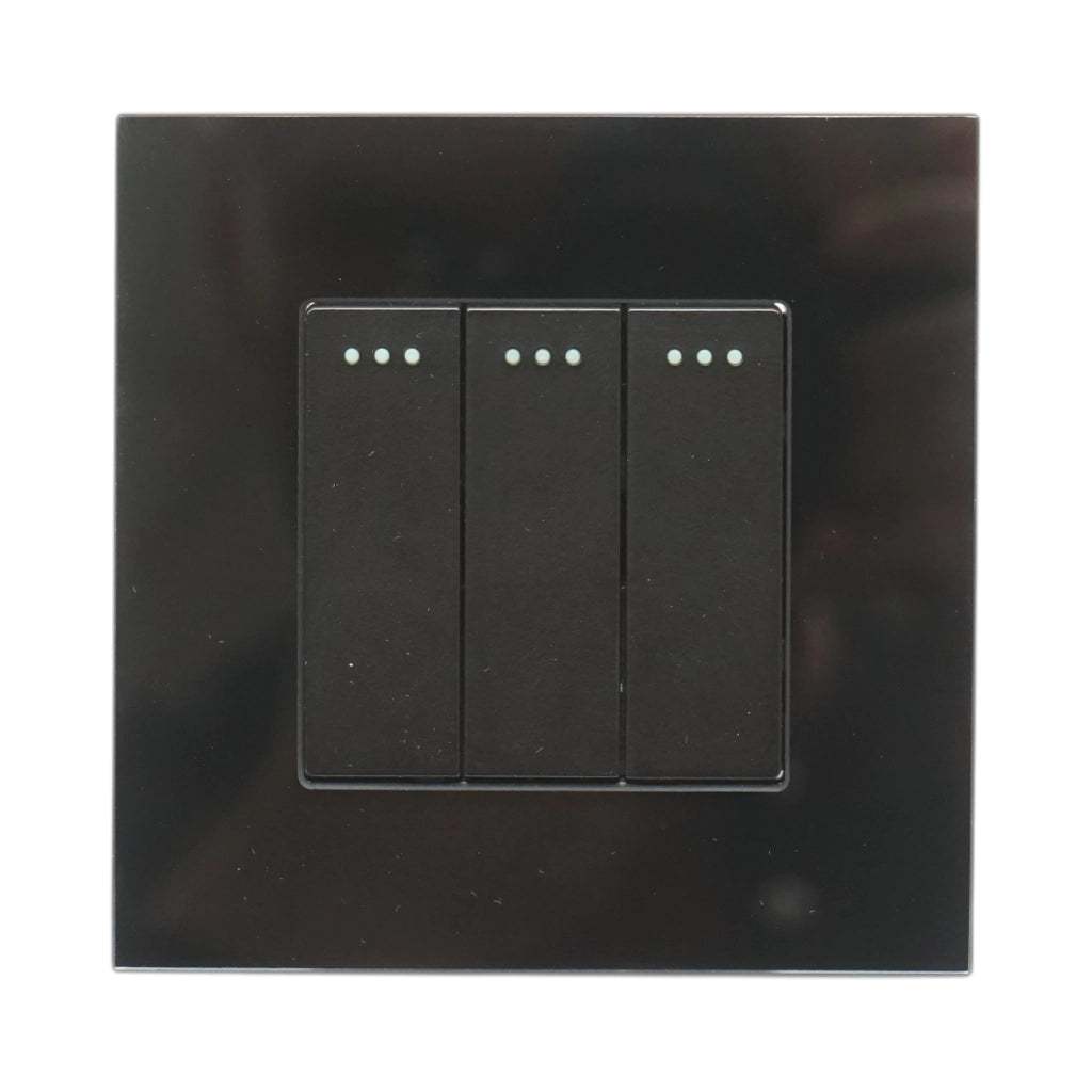 Interruttore triplo, nero, da incasso, 220V, 16AX, spia luminosa, cornice in vetro 86x86x34mm