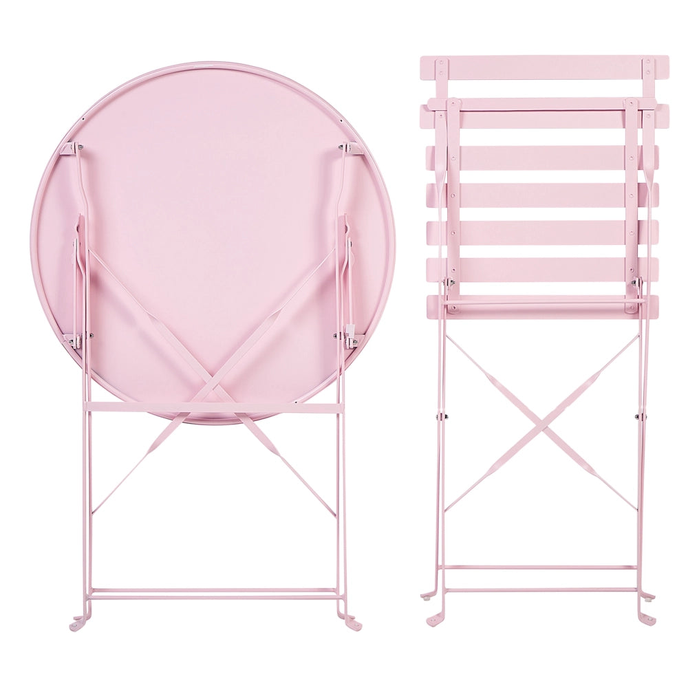 Set da bistrot da 3 pezzi in metallo di colore rosa pastello con schienale a doghe pieghevole all'aperto