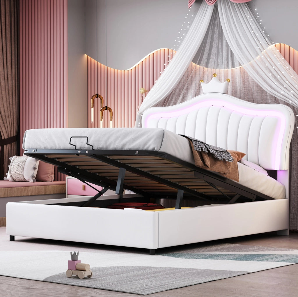 Letto imbottito per bambini 140x200 cm con contenitore; LED e testiera a conchiglia in PU bianco