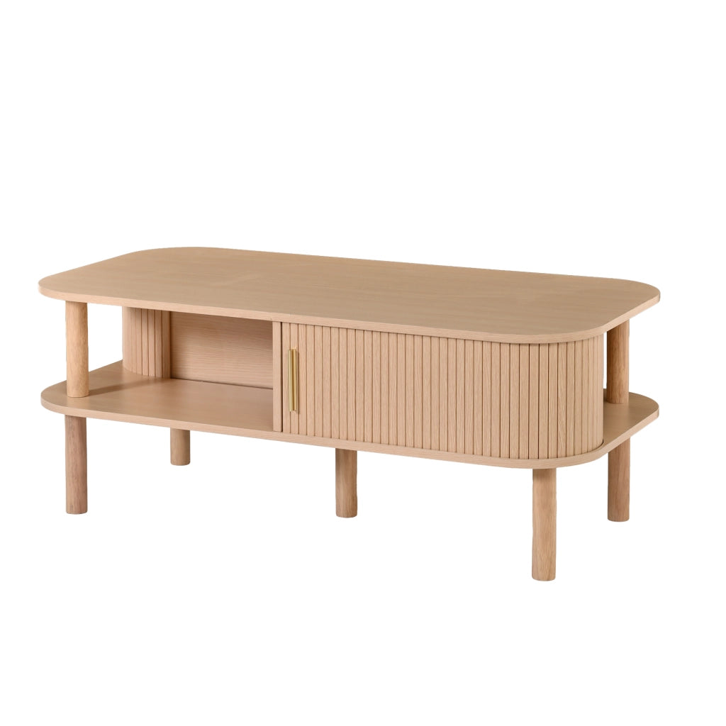 Tavolino, in MDF, con ante scorrevoli e ripiani a vista, 110 x 55 x 45 cm, color legno naturale