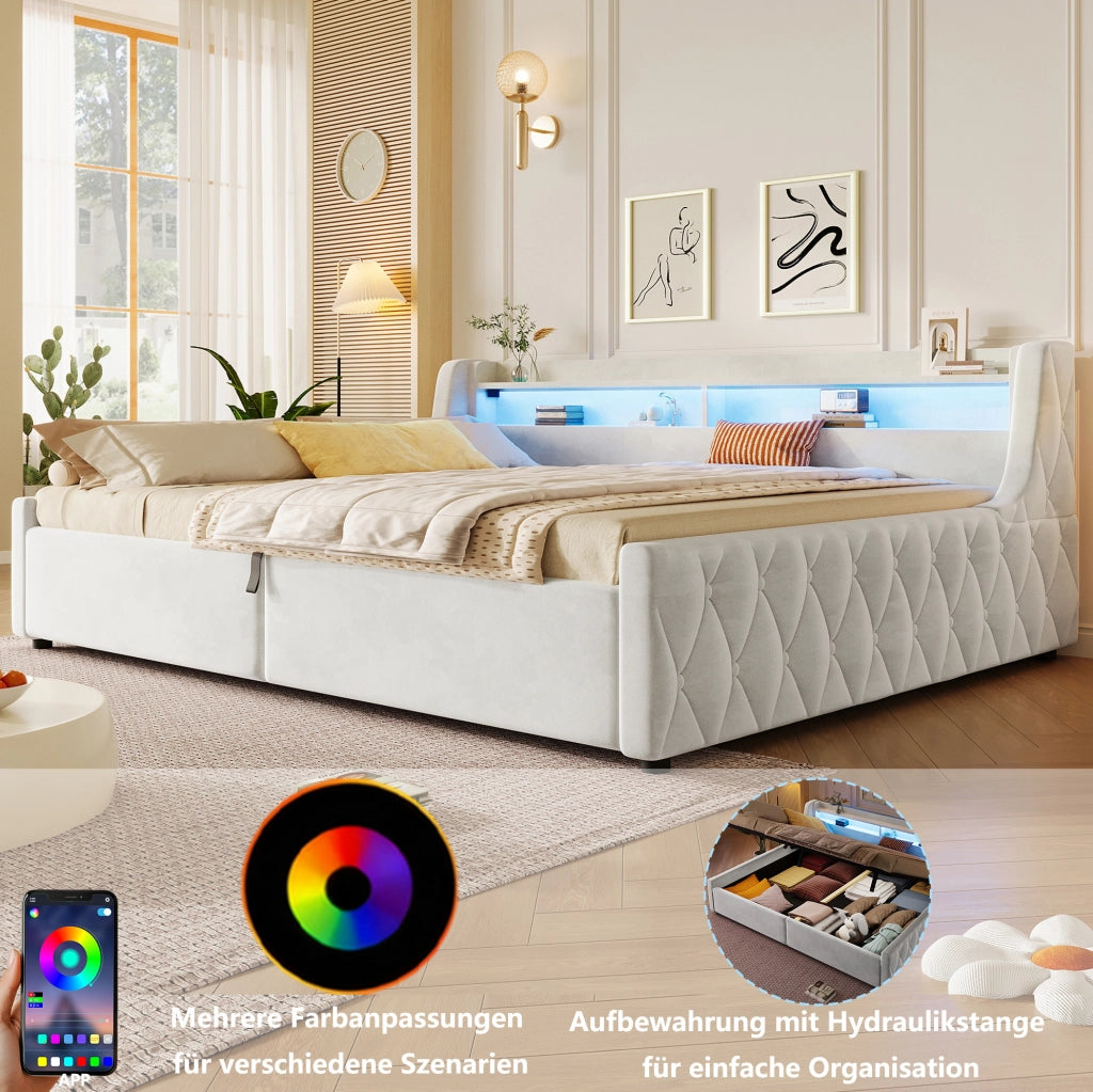 Letto imbottito 140x200 cm con contenitore idraulico; LED e flanella; Off White