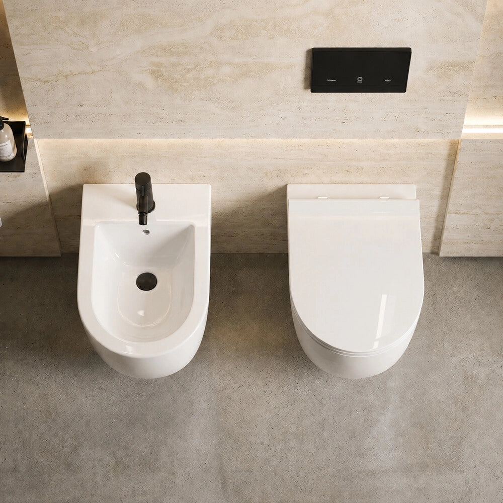 Set sanitari sospesi salvaspazio P. 50 cm bianco con scarico a vortice e copriwc Round Dolomite
