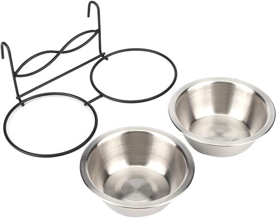 Dispensatore automatico per animali - Rettangolare - 28x14x6cm - In acciaio inossidabile - Doppia ciotola - Sospeso - Per gatti e cani