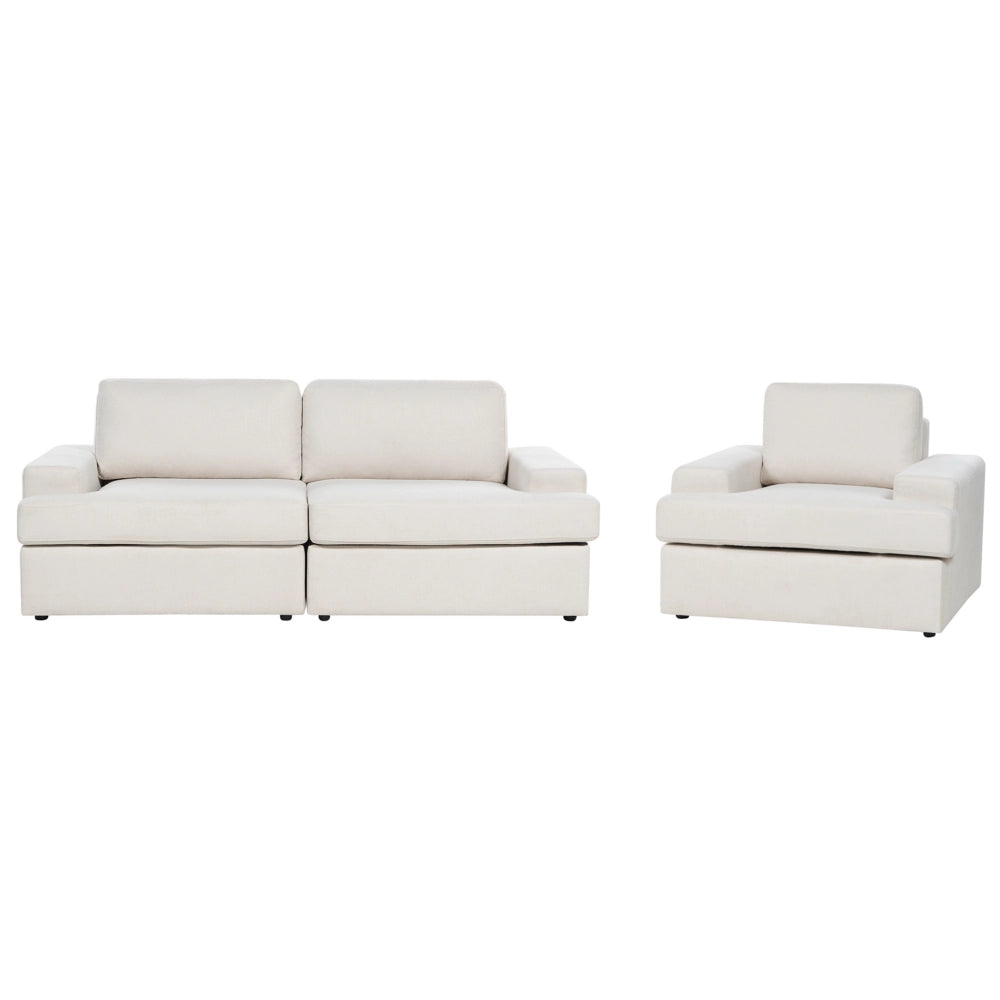 Set da salotto in tessuto beige chiaro imbottito a 4 posti con poltrona, schienale imbottito, divano classico per il soggiorno.